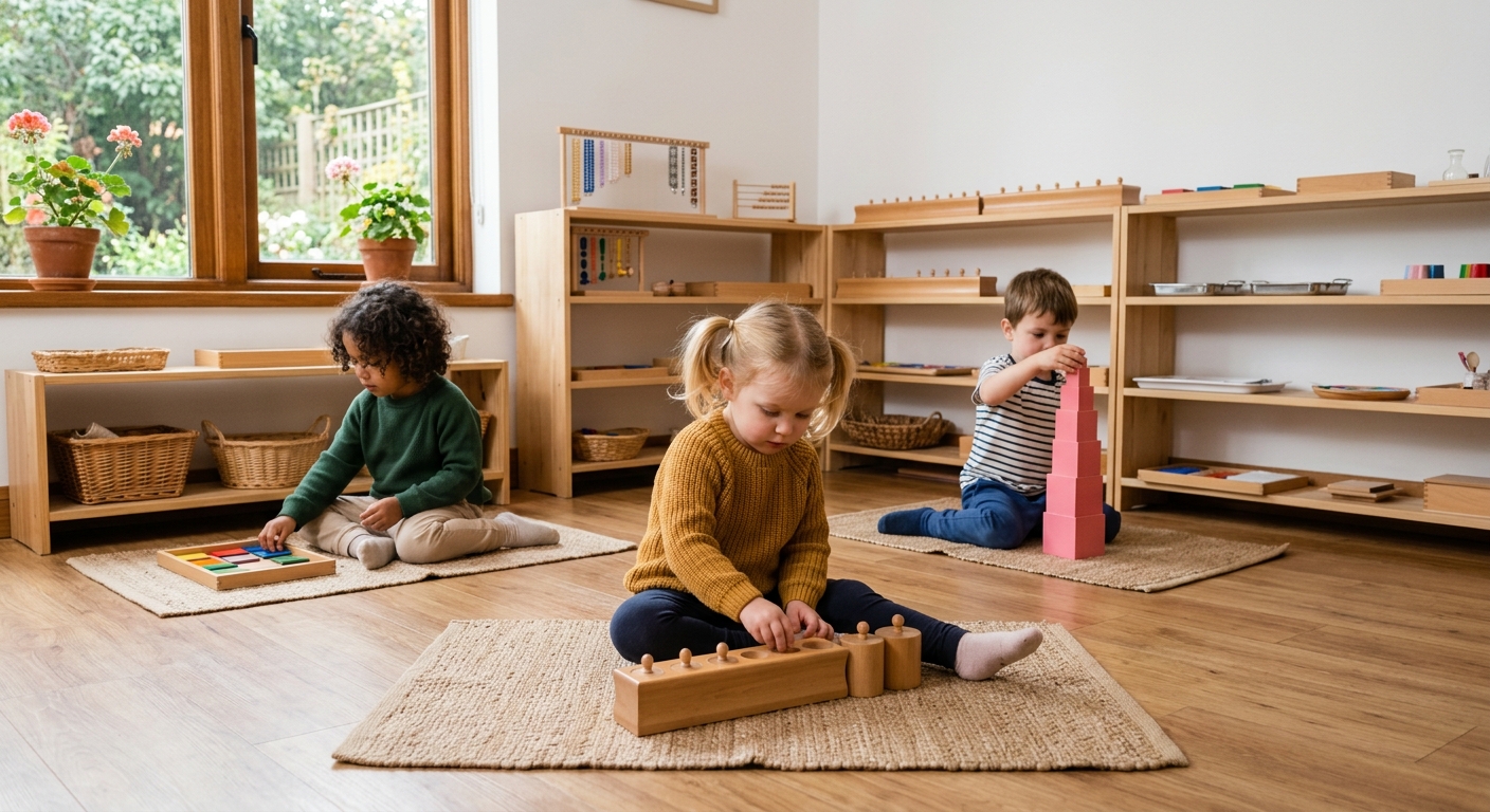 Children independently working with Montessori materials on work rugs