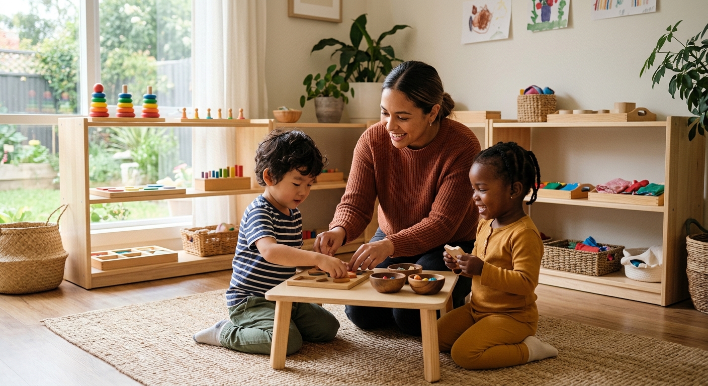 Caregiver engaging with children in a Montessori home setting